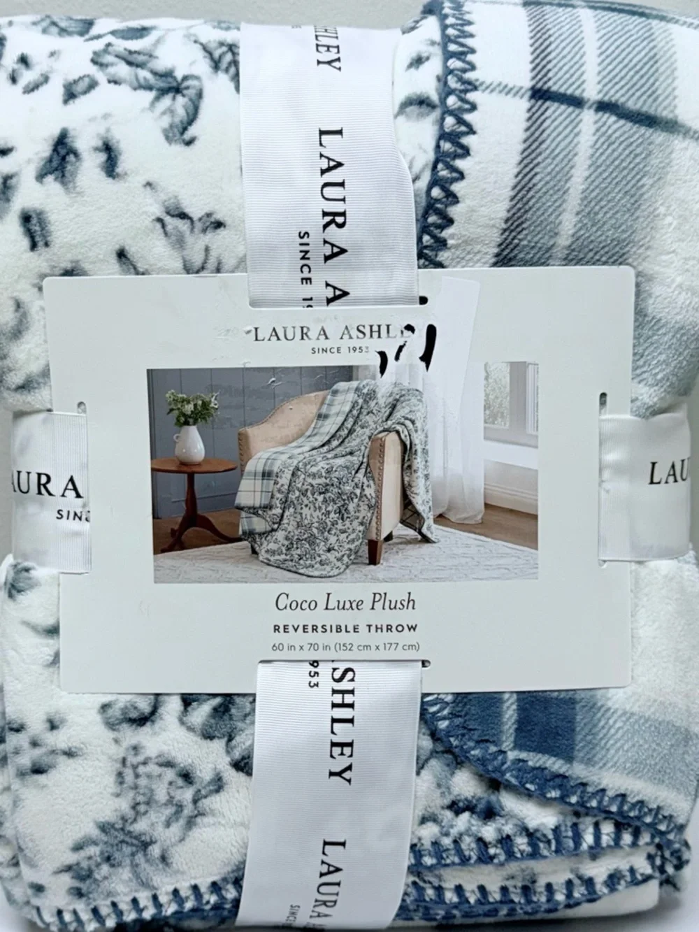 Laura Ashley Plush Reversible Coco Luxe Throw Blanket, Teal, Gray & Cream Plaid